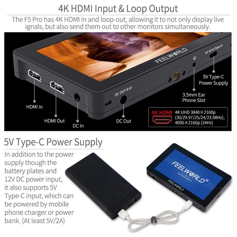 Feelworld FEELWORELD F5PROV4 شاشة فيديو 6 إنش مع شاشة تعمل باللمس وكاميرا DSLR HDMI شاشة ميدانية مع مجموعة تثبيت خارجية المعدات IPS FHD1920x1080 إدخال وإخراج 4K HDMI إدخال 5 فولت نوع C - Image 5